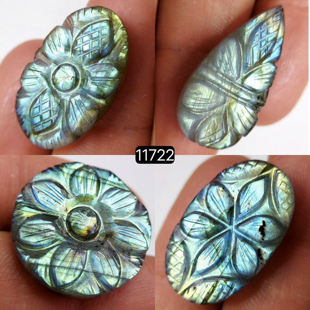 4Pcs 87Cts Natural Labradorite Mughal Carved Cabochon Blue Flashy Labradorite Carving Gemstone Mix Shape Loose Gemstone Flat Back Labradorite  30x14-20x20mm #11722