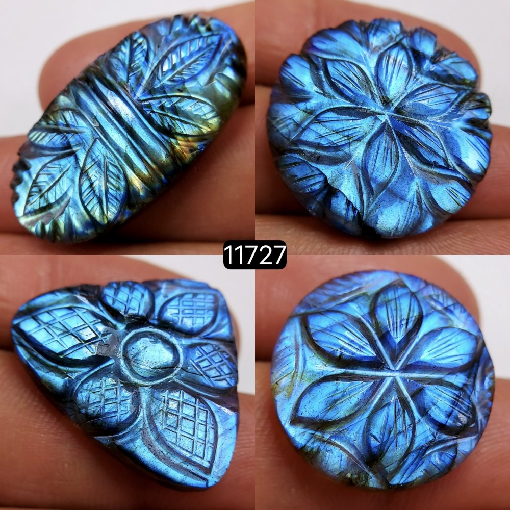 4Pcs 132Cts Natural Labradorite Mughal Carved Cabochon Blue Flashy Labradorite Carving Gemstone Mix Shape Loose Gemstone Flat Back Labradorite  35x20-20x20mm #11727