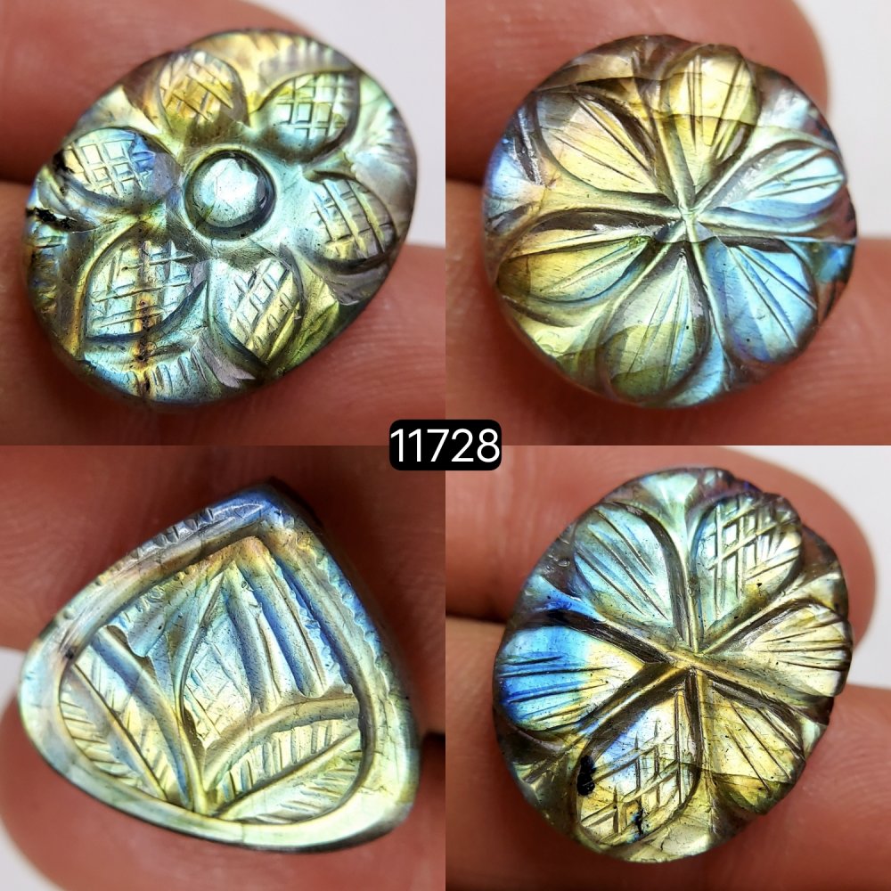 4Pcs 76Cts Natural Labradorite Mughal Carved Cabochon Blue Flashy Labradorite Carving Gemstone Mix Shape Loose Gemstone Flat Back Labradorite  24x20-16x16mm #11728