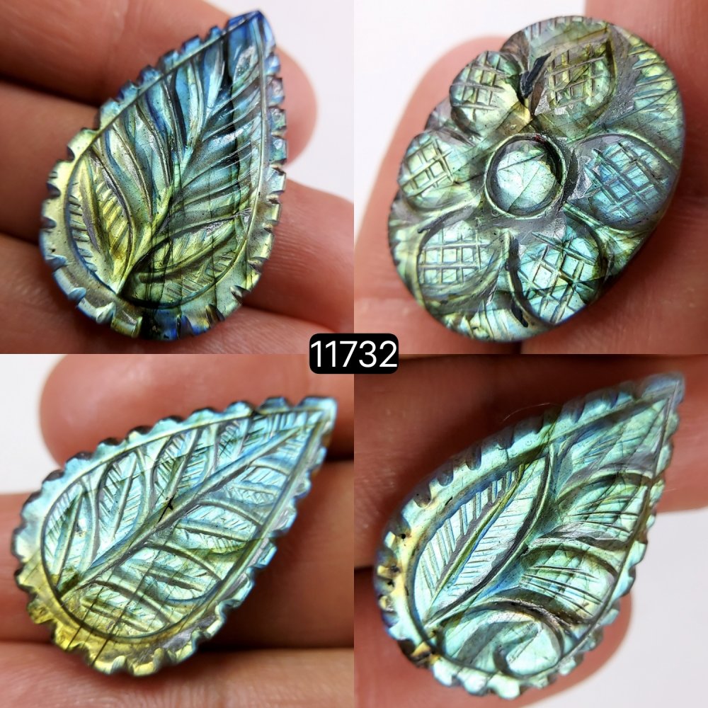 4Pcs 119Cts Natural Labradorite Mughal Carved Cabochon Blue Flashy Labradorite Carving Gemstone Mix Shape Loose Gemstone Flat Back Labradorite  35x22-26x20mm #11732