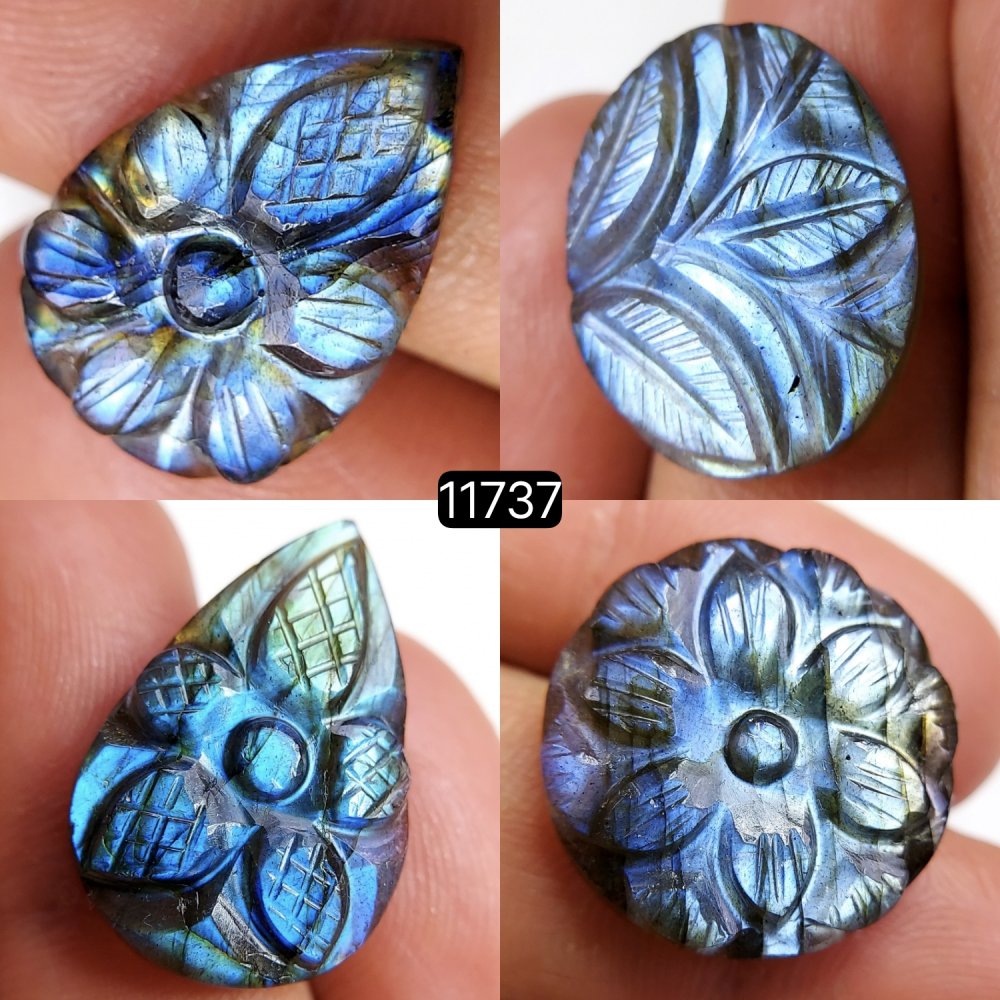 4Pcs 79Cts Natural Labradorite Mughal Carved Cabochon Blue Flashy Labradorite Carving Gemstone Mix Shape Loose Gemstone Flat Back Labradorite  24x19 20x14mm #11737