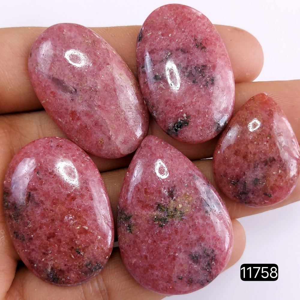 5Pcs 258Cts Natural Pink Rhodonite Gemstone Cabochon Lot Rhodonite Gemstone Necklace Handmade Jewelry Gift For Her 38x26-27x20mm#R-11758