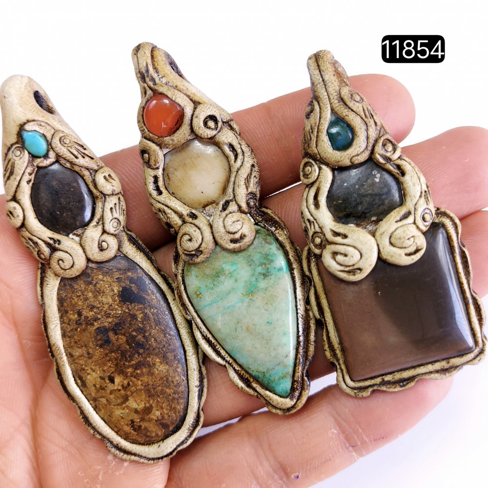 3 Pcs 313 Cts  Natural Mix Gemstone Polymer Clay Pendant, Handmade polymer clay jewelry Necklaces, double stone Semi-precious gemstone pendants2.50-3.50-inchmm #R-11854