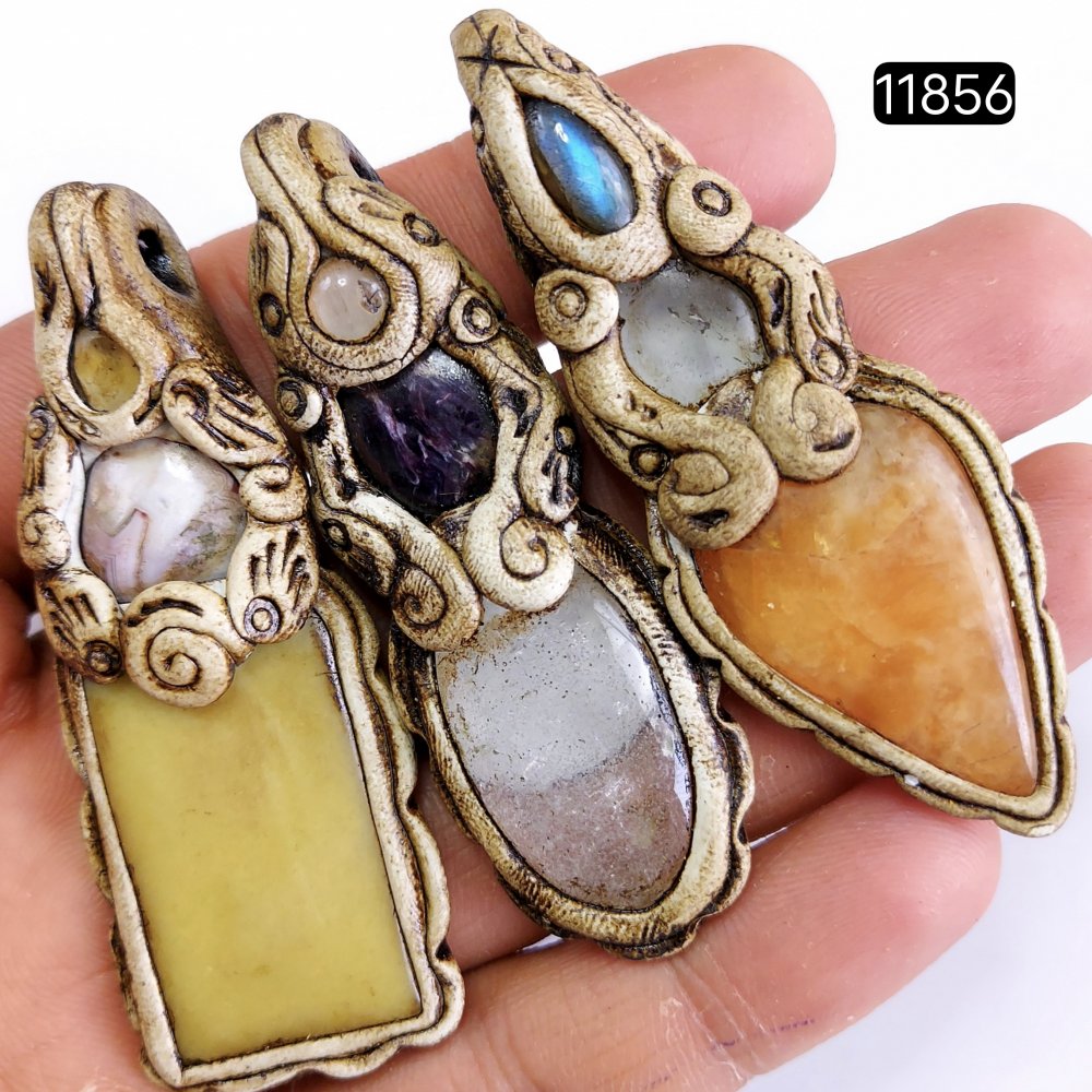 3 Pcs 281 Cts  Natural Mix Gemstone Polymer Clay Pendant, Handmade polymer clay jewelry Necklaces, double stone Semi-precious gemstone pendants2.50-3.50-inchmm #R-11856