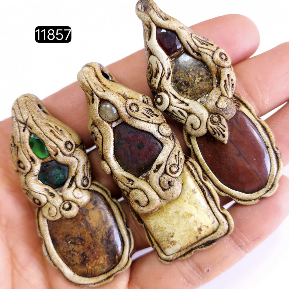 3 Pcs 324 Cts  Natural Mix Gemstone Polymer Clay Pendant, Handmade polymer clay jewelry Necklaces, double stone Semi-precious gemstone pendants2.50-3.50-inchmm #11857