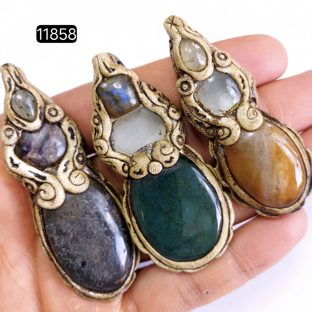 3 Pcs 363 Cts  Natural Mix Gemstone Polymer Clay Pendant, Handmade polymer clay jewelry Necklaces, double stone Semi-precious gemstone pendants2.50-3.50-inchmm #11858