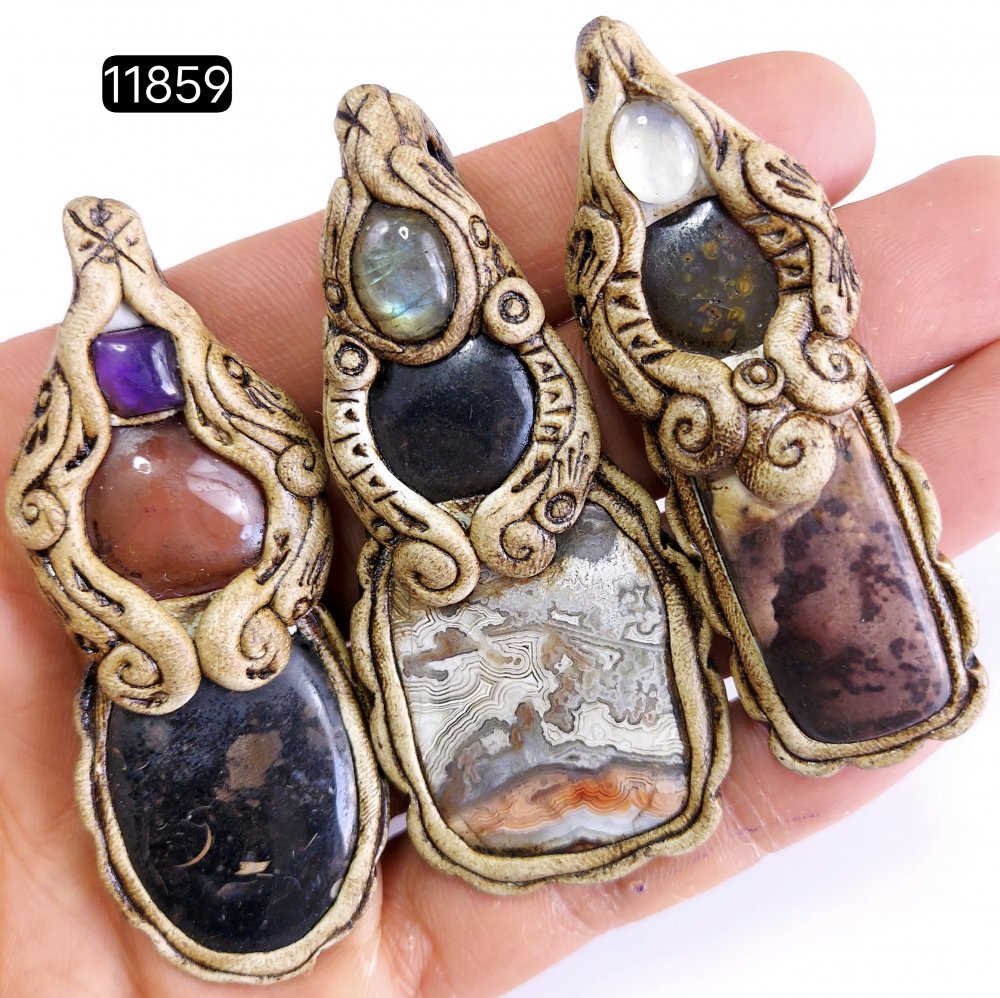 3 Pcs 347 Cts  Natural Mix Gemstone Polymer Clay Pendant, Handmade polymer clay jewelry Necklaces, double stone Semi-precious gemstone pendants2.50-3.50-inchmm #11859