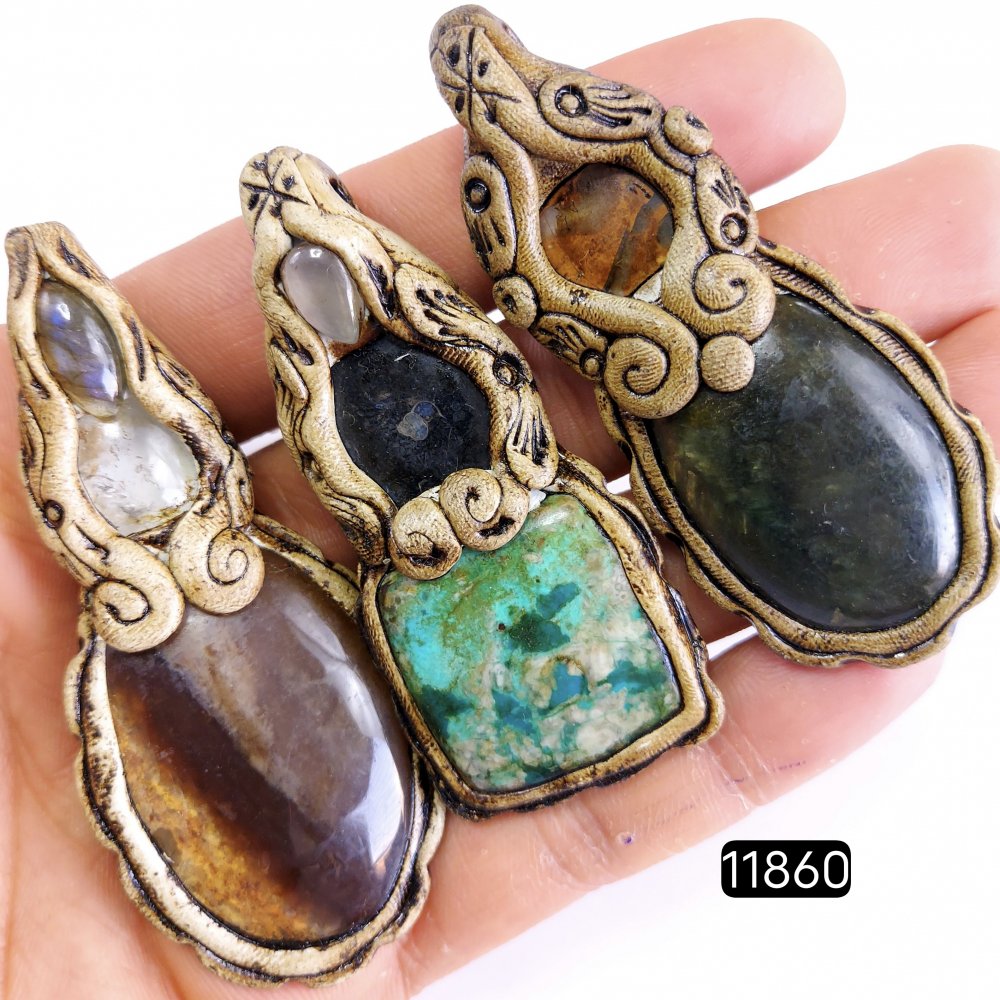 3 Pcs 348 Cts  Natural Mix Gemstone Polymer Clay Pendant, Handmade polymer clay jewelry Necklaces, double stone Semi-precious gemstone pendants2.50-3.50-inchmm #11860