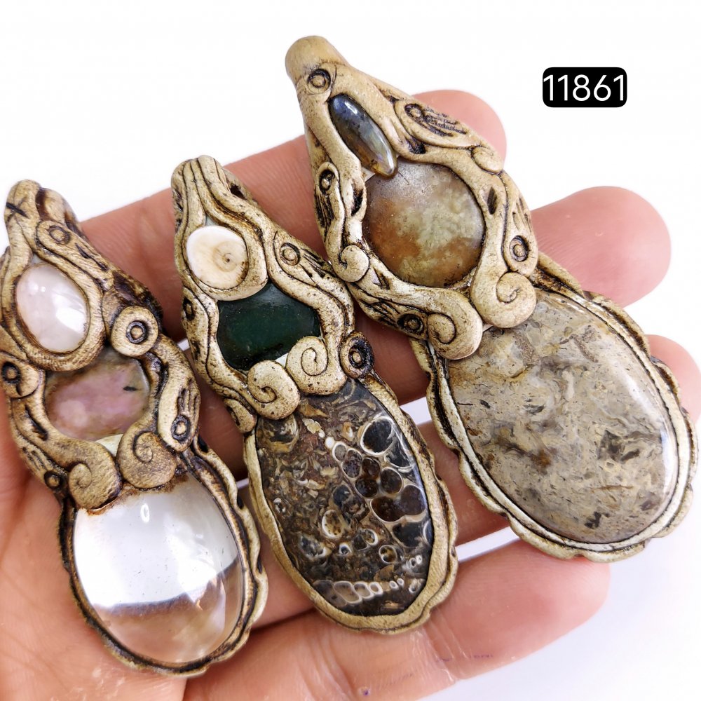 3 Pcs 363 Cts  Natural Mix Gemstone Polymer Clay Pendant, Handmade polymer clay jewelry Necklaces, double stone Semi-precious gemstone pendants2.50-3.50-inchmm #11861