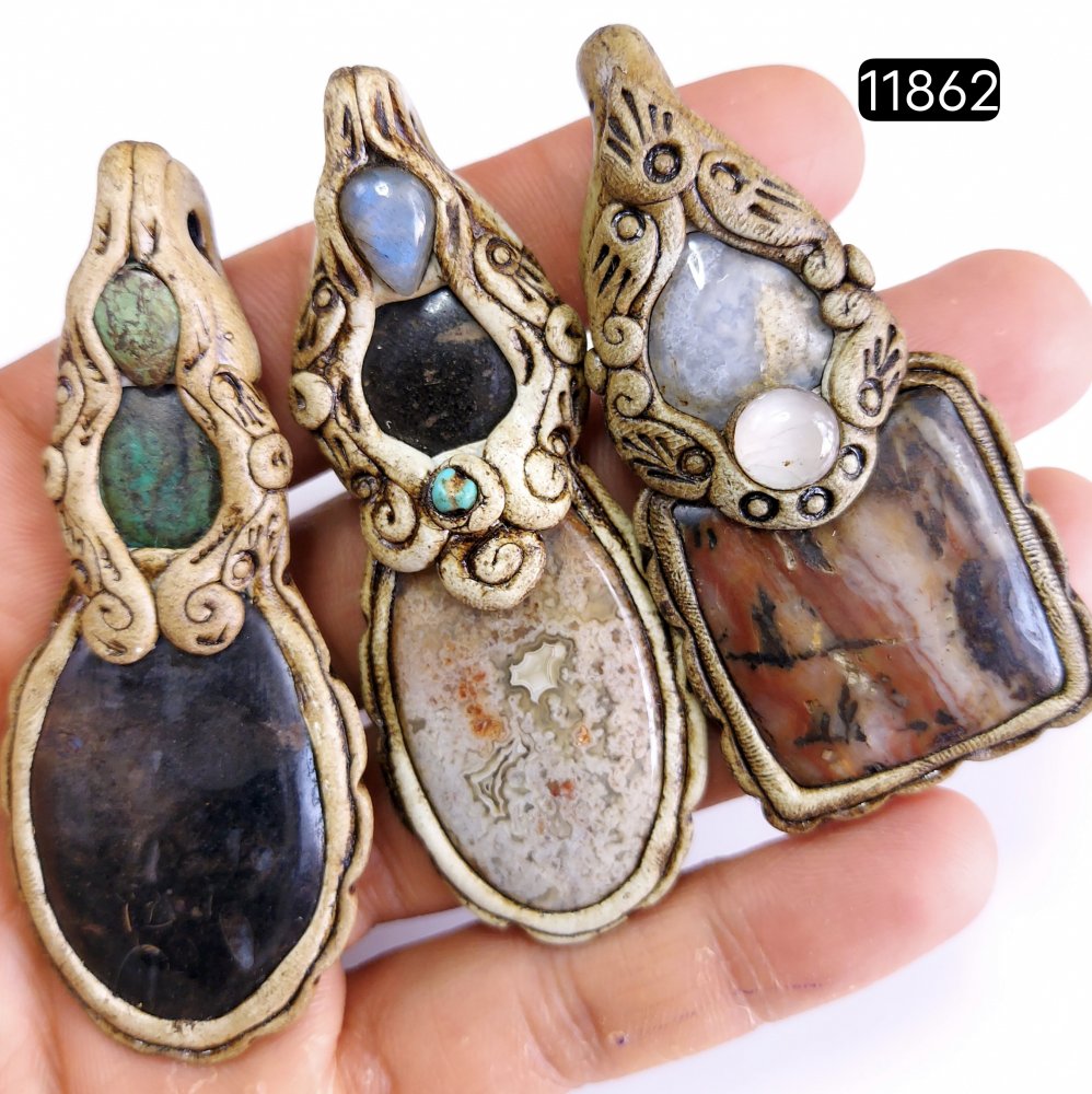 3 Pcs 344 Cts  Natural Mix Gemstone Polymer Clay Pendant, Handmade polymer clay jewelry Necklaces, double stone Semi-precious gemstone pendants2.50-3.50-inchmm #11862