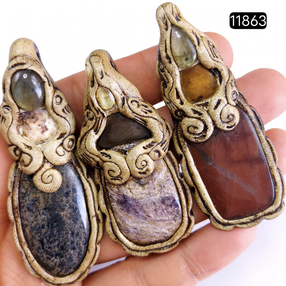 3 Pcs 302 Cts  Natural Mix Gemstone Polymer Clay Pendant, Handmade polymer clay jewelry Necklaces, double stone Semi-precious gemstone pendants2.50-3.50-inchmm #11863