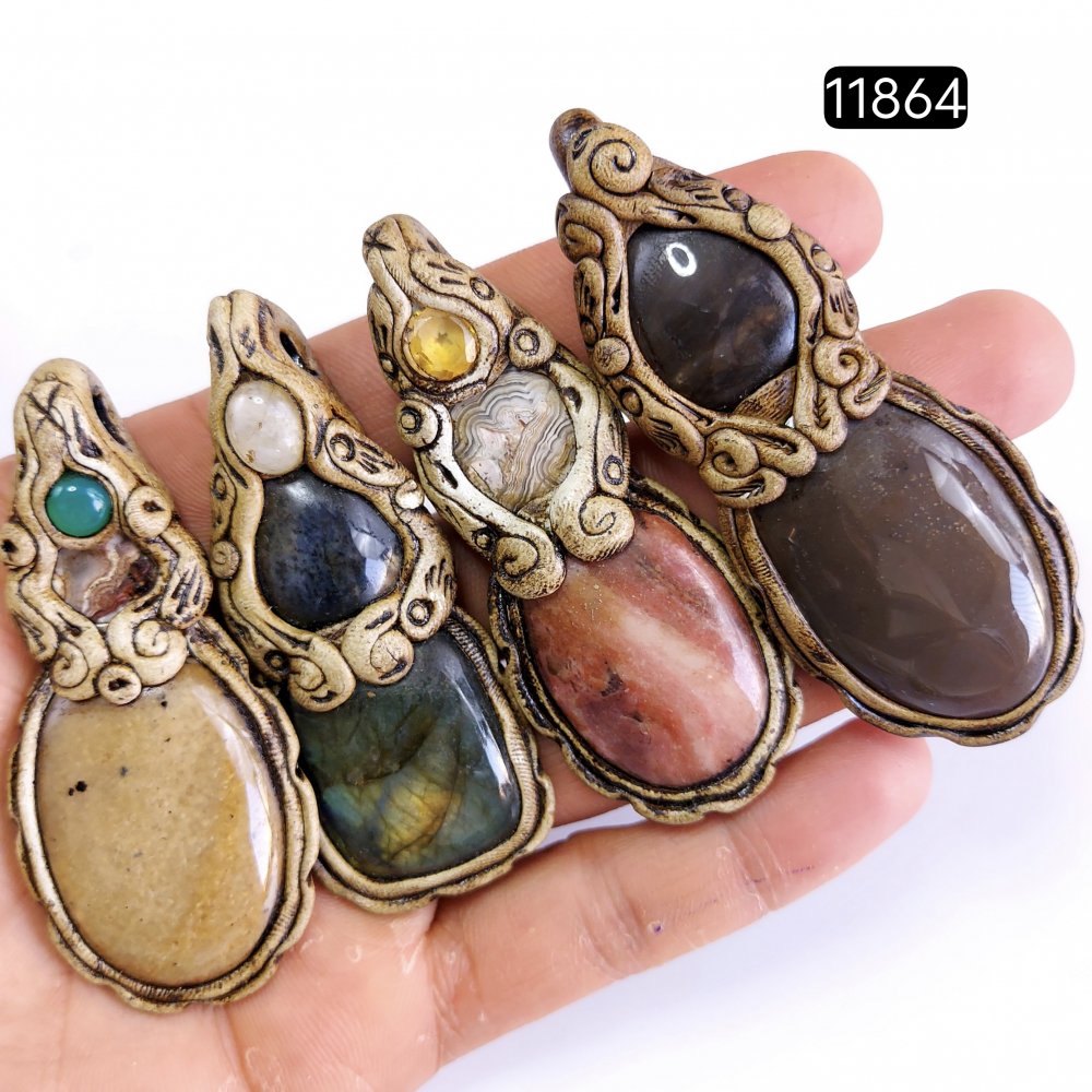 4 Pcs 525 Cts  Natural Mix Gemstone Polymer Clay Pendant, Handmade polymer clay jewelry Necklaces, double stone Semi-precious gemstone pendants2.50-3.50-inchmm #11864