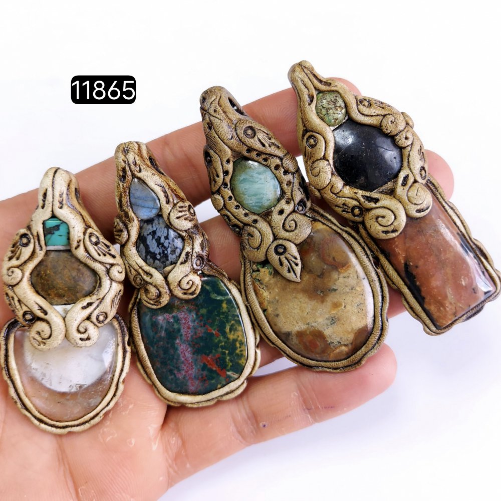 4 Pcs 498 Cts  Natural Mix Gemstone Polymer Clay Pendant, Handmade polymer clay jewelry Necklaces, double stone Semi-precious gemstone pendants2.50-3.50-inchmm #11865