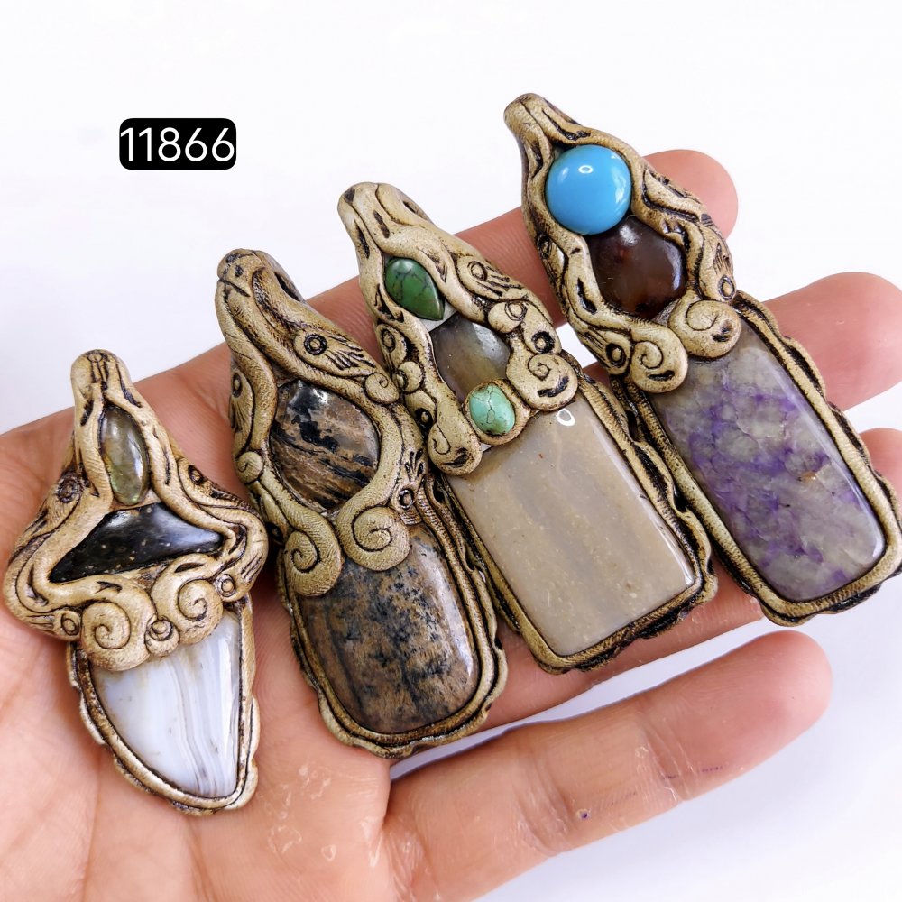 4 Pcs 487 Cts  Natural Mix Gemstone Polymer Clay Pendant, Handmade polymer clay jewelry Necklaces, double stone Semi-precious gemstone pendants2.50-3.50-inchmm #11866