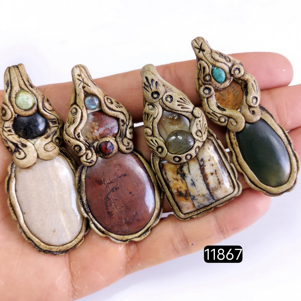 4 Pcs 445 Cts  Natural Mix Gemstone Polymer Clay Pendant, Handmade polymer clay jewelry Necklaces, double stone Semi-precious gemstone pendants2.50-3.50-inchmm #11867