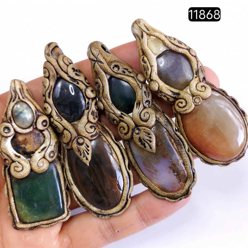 4 Pcs 471 Cts  Natural Mix Gemstone Polymer Clay Pendant, Handmade polymer clay jewelry Necklaces, double stone Semi-precious gemstone pendants2.50-3.50-inchmm #11868