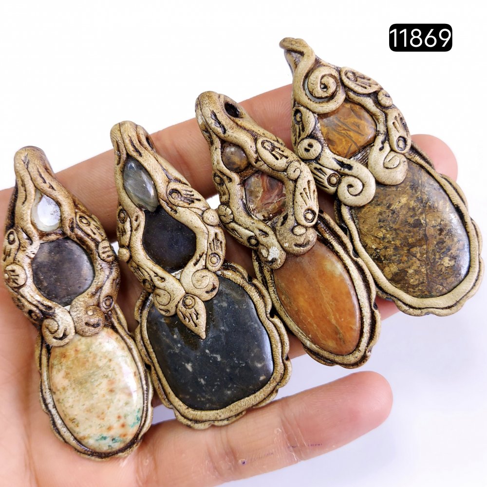 4 Pcs 455 Cts  Natural Mix Gemstone Polymer Clay Pendant, Handmade polymer clay jewelry Necklaces, double stone Semi-precious gemstone pendants2.50-3.50-inchmm #11869