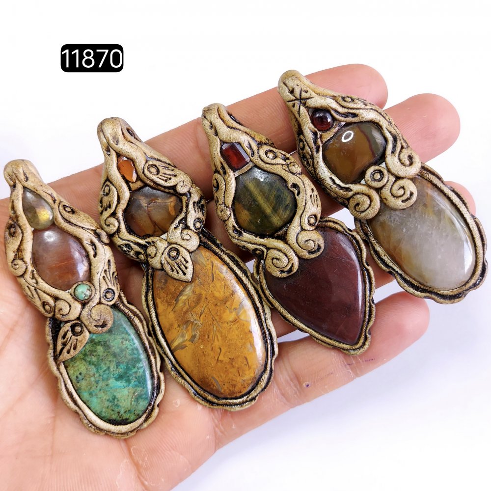 4 Pcs 492 Cts  Natural Mix Gemstone Polymer Clay Pendant, Handmade polymer clay jewelry Necklaces, double stone Semi-precious gemstone pendants2.50-3.50-inchmm #11870