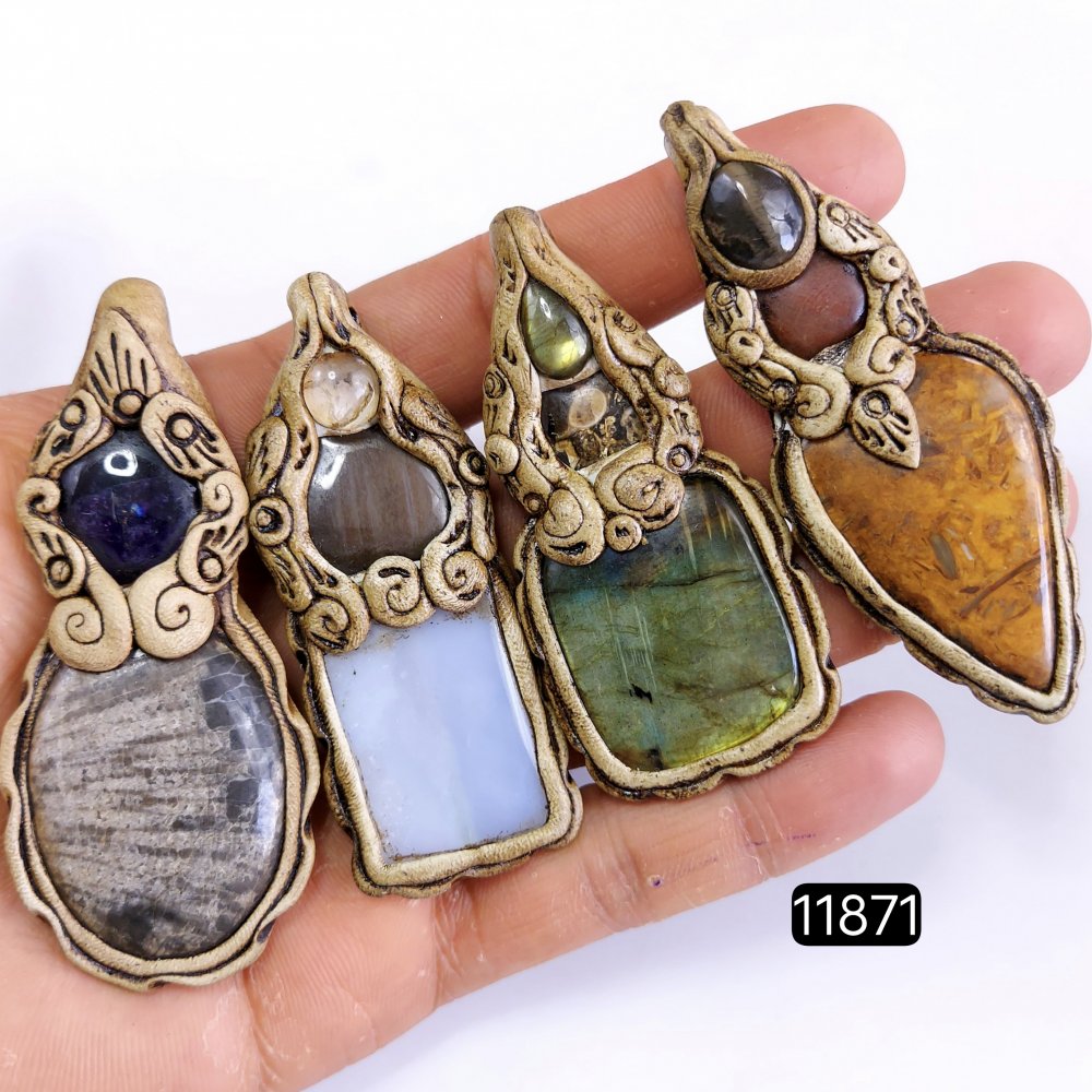 4 Pcs 514 Cts  Natural Mix Gemstone Polymer Clay Pendant, Handmade polymer clay jewelry Necklaces, double stone Semi-precious gemstone pendants2.50-3.50-inchmm #11871