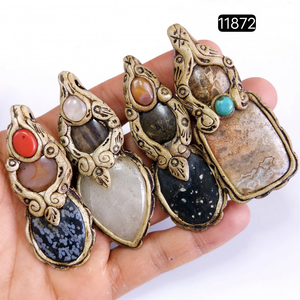 4 Pcs 475 Cts  Natural Mix Gemstone Polymer Clay Pendant, Handmade polymer clay jewelry Necklaces, double stone Semi-precious gemstone pendants2.50-3.50-inchmm #11872