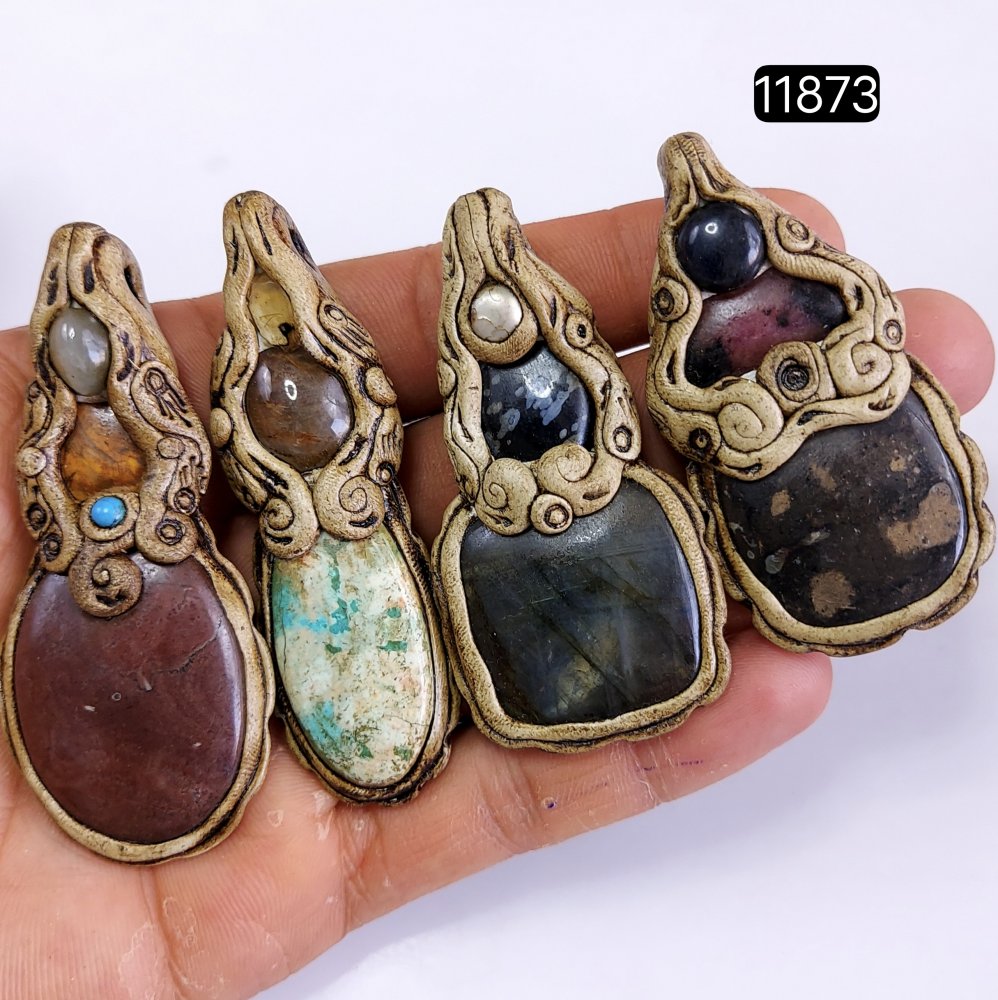 4 Pcs 483 Cts  Natural Mix Gemstone Polymer Clay Pendant, Handmade polymer clay jewelry Necklaces, double stone Semi-precious gemstone pendants2.50-3.50-inchmm #11873