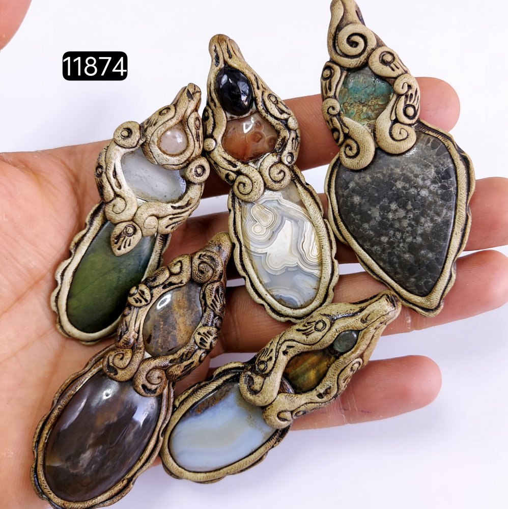 5 Pcs 579 Cts  Natural Mix Gemstone Polymer Clay Pendant, Handmade polymer clay jewelry Necklaces, double stone Semi-precious gemstone pendants2.50-3.50-inchmm #11874