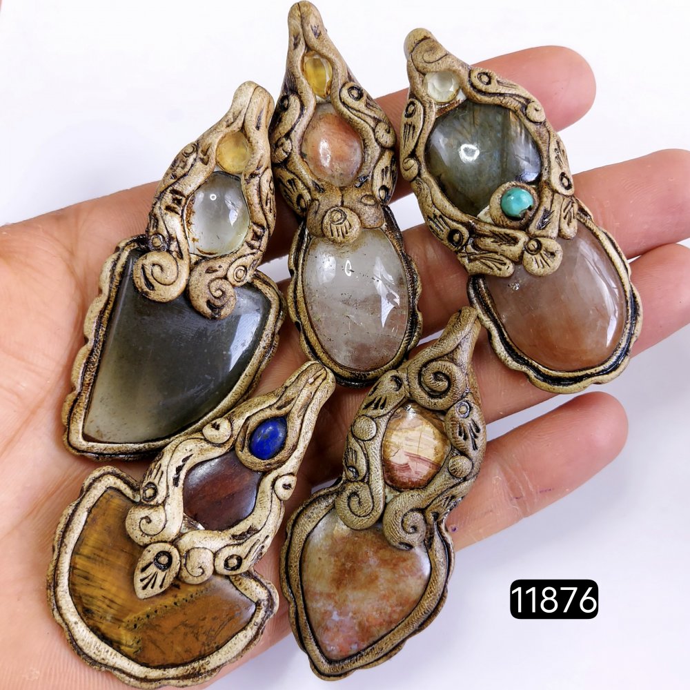 5 Pcs 566 Cts  Natural Mix Gemstone Polymer Clay Pendant, Handmade polymer clay jewelry Necklaces, double stone Semi-precious gemstone pendants2.50-3.50-inchmm #11876