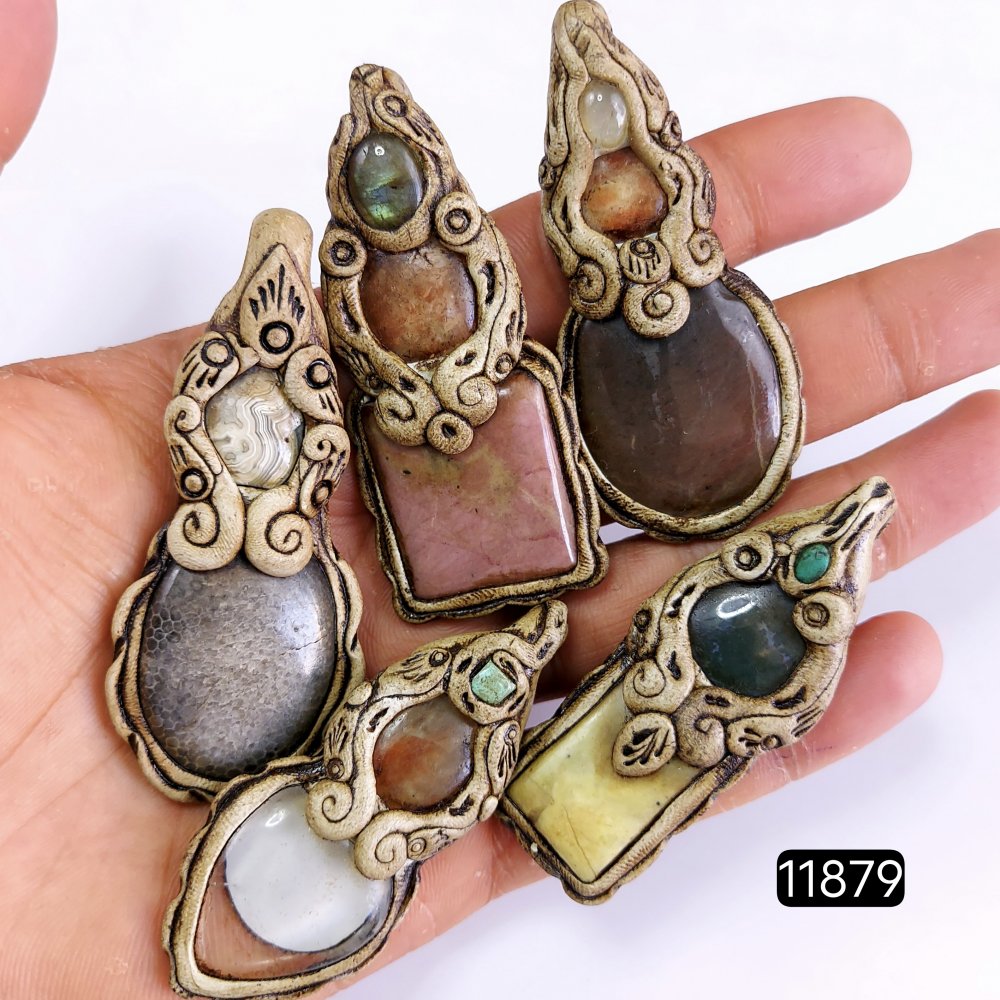 5 Pcs 593 Cts  Natural Mix Gemstone Polymer Clay Pendant, Handmade polymer clay jewelry Necklaces, double stone Semi-precious gemstone pendants2.50-3.50-inchmm #11879