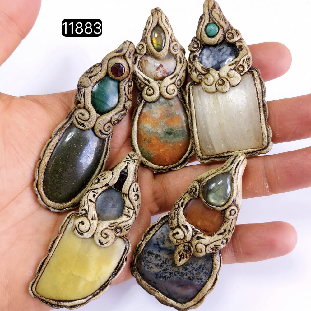 5 Pcs 629 Cts  Natural Mix Gemstone Polymer Clay Pendant, Handmade polymer clay jewelry Necklaces, double stone Semi-precious gemstone pendants2.50-3.50-inchmm #11883