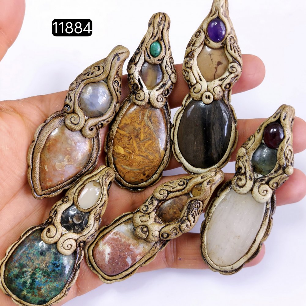 6 Pcs 663 Cts  Natural Mix Gemstone Polymer Clay Pendant, Handmade polymer clay jewelry Necklaces, double stone Semi-precious gemstone pendants2.50-3.50-inchmm #11884