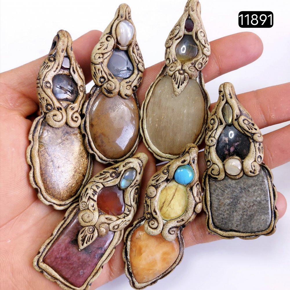 6 Pcs 760 Cts  Natural Mix Gemstone Polymer Clay Pendant, Handmade polymer clay jewelry Necklaces, double stone Semi-precious gemstone pendants2.50-3.50-inchmm #11891