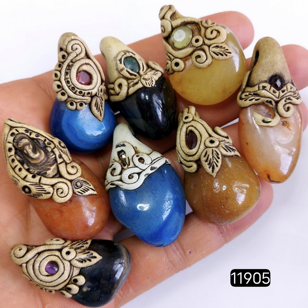 8 Pcs 723 Cts  Natural Mix Onyx Gemstone Tumble Polymer Clay Pendant, Handmade polymer clay jewelry Necklaces ,Semi-precious gemstone pendants 1.50-2-inchmm #11905