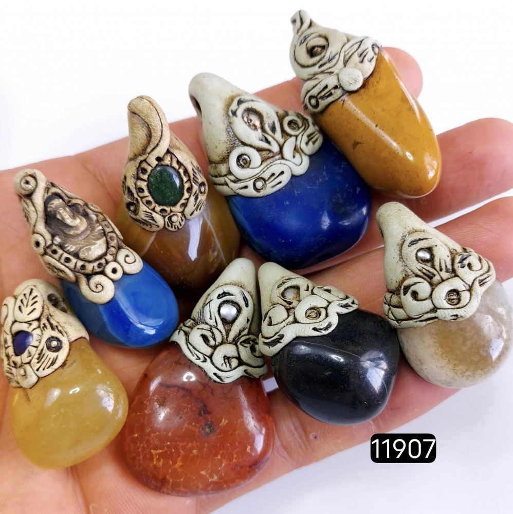 8 Pcs 879 Cts  Natural Mix Onyx Gemstone Tumble Polymer Clay Pendant, Handmade polymer clay jewelry Necklaces ,Semi-precious gemstone pendants 1.50-2-inchmm #11907