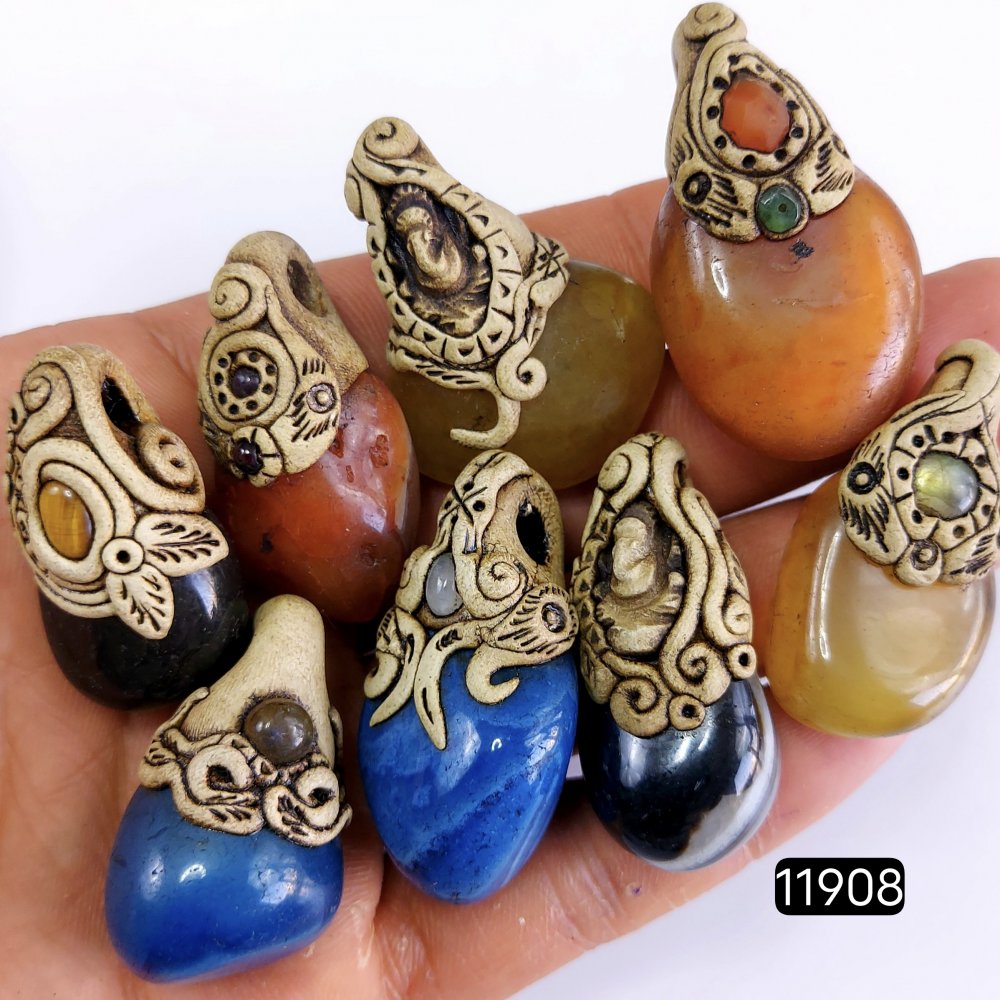 8 Pcs 721 Cts  Natural Mix Onyx Gemstone Tumble Polymer Clay Pendant, Handmade polymer clay jewelry Necklaces ,Semi-precious gemstone pendants 1.50-2-inchmm #11908