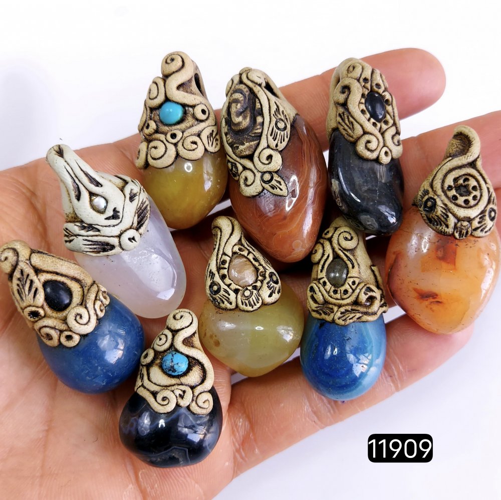 9 Pcs 766 Cts  Natural Mix Onyx Gemstone Tumble Polymer Clay Pendant, Handmade polymer clay jewelry Necklaces ,Semi-precious gemstone pendants 1.50-2-inchmm #11909