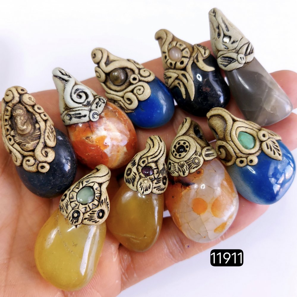 9 Pcs 837 Cts  Natural Mix Onyx Gemstone Tumble Polymer Clay Pendant, Handmade polymer clay jewelry Necklaces ,Semi-precious gemstone pendants 1.50-2-inchmm #11911