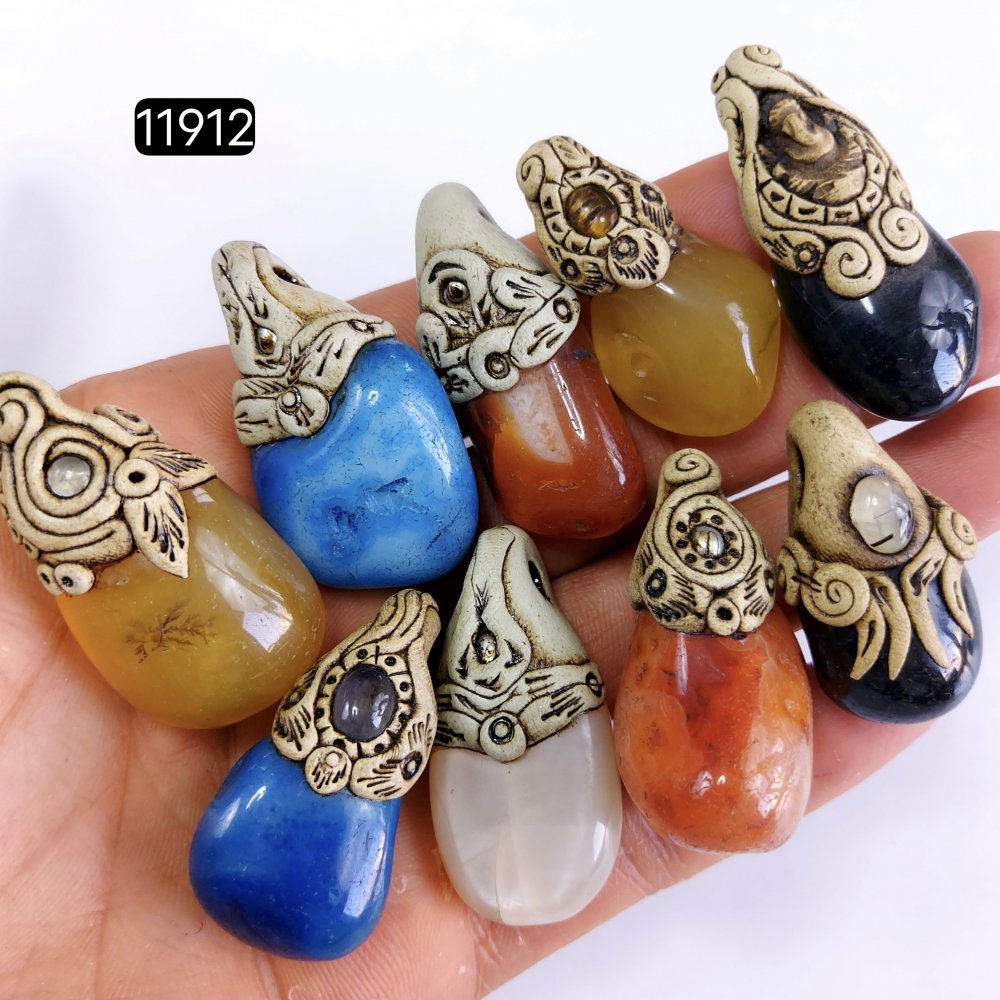 9 Pcs 883 Cts  Natural Mix Onyx Gemstone Tumble Polymer Clay Pendant, Handmade polymer clay jewelry Necklaces ,Semi-precious gemstone pendants 1.50-2-inchmm #11912