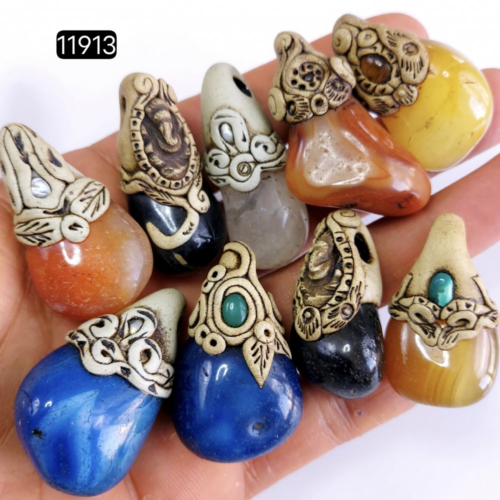 9 Pcs 897 Cts  Natural Mix Onyx Gemstone Tumble Polymer Clay Pendant, Handmade polymer clay jewelry Necklaces ,Semi-precious gemstone pendants 1.50-2-inchmm #11913