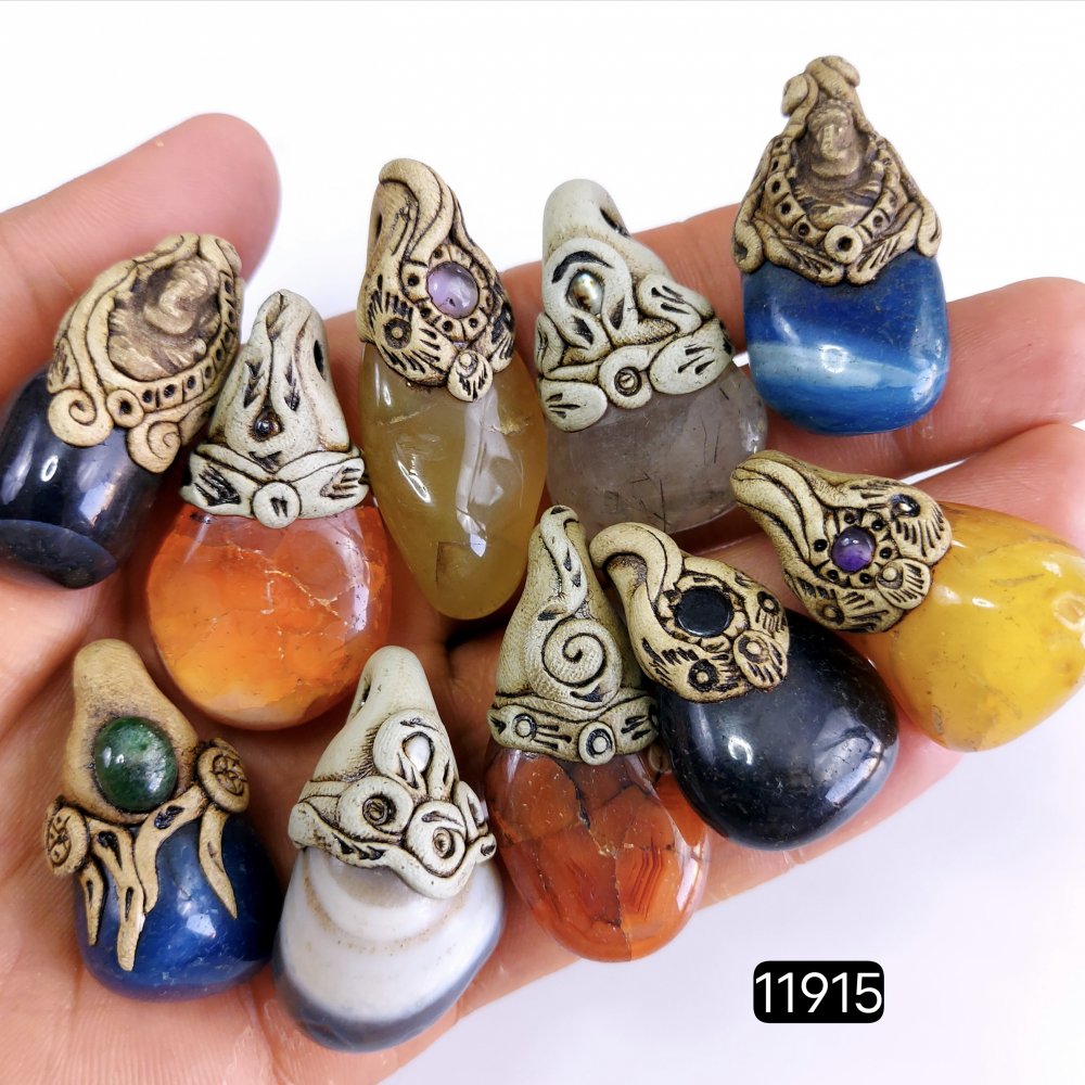 10 Pcs 969 Cts  Natural Mix Onyx Gemstone Tumble Polymer Clay Pendant, Handmade polymer clay jewelry Necklaces ,Semi-precious gemstone pendants 1.50-2-inchmm #11915