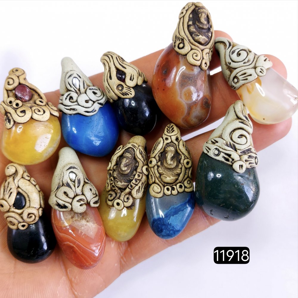 10 Pcs 922 Cts  Natural Mix Onyx Gemstone Tumble Polymer Clay Pendant, Handmade polymer clay jewelry Necklaces ,Semi-precious gemstone pendants 1.50-2-inchmm #11918