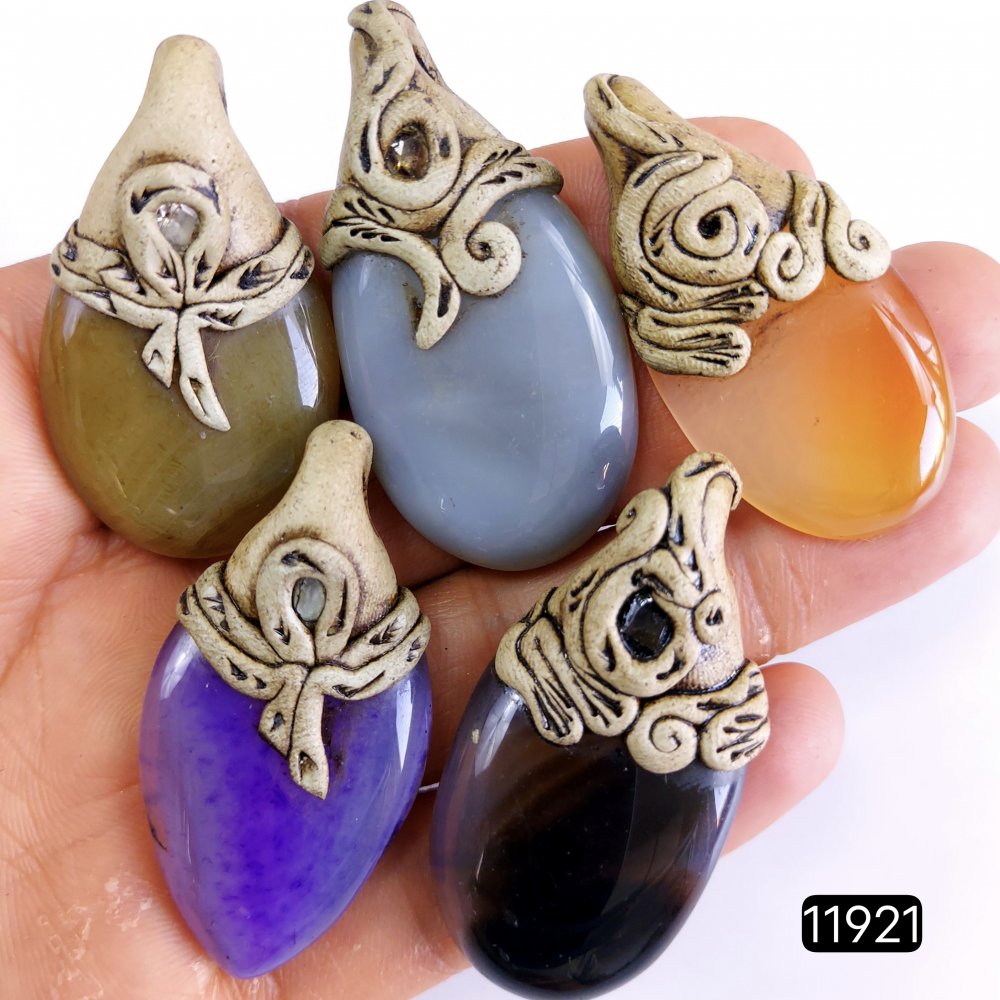 5 Pcs 396 Cts  Natural Mix Onyx Gemstone Polymer Clay Pendant, Handmade polymer clay jewelry Necklaces ,Semi-precious gemstone pendants 2-2.50-Inchmm #11921