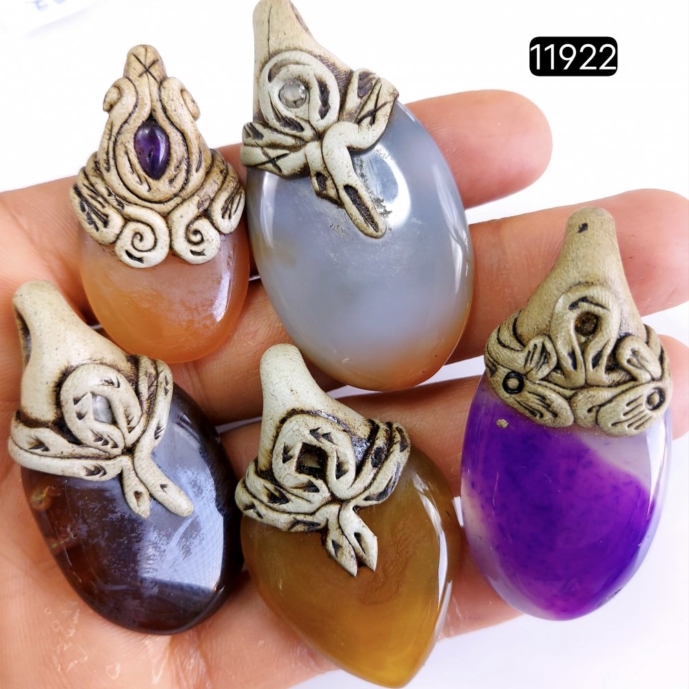 5 Pcs 435 Cts  Natural Mix Onyx Gemstone Polymer Clay Pendant, Handmade polymer clay jewelry Necklaces ,Semi-precious gemstone pendants 2-2.50-Inchmm #11922