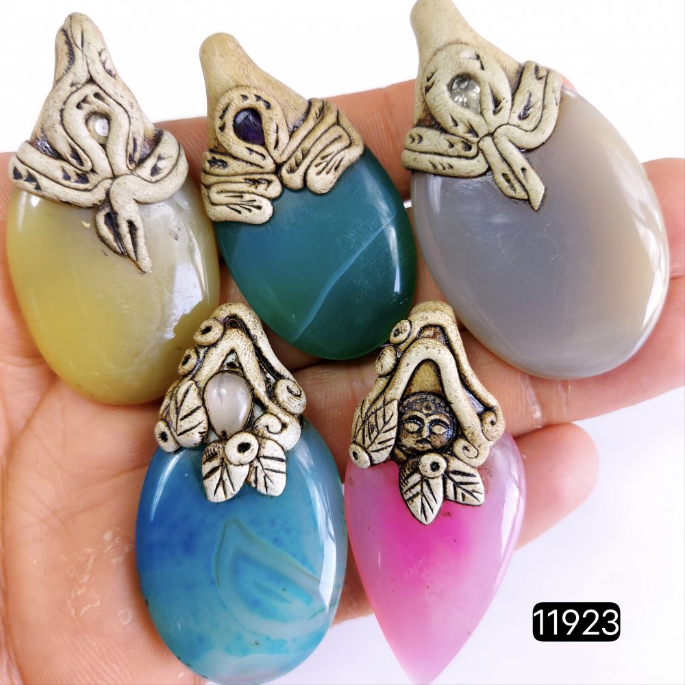 5 Pcs 416 Cts  Natural Mix Onyx Gemstone Polymer Clay Pendant, Handmade polymer clay jewelry Necklaces ,Semi-precious gemstone pendants 2-2.50-Inchmm #11923