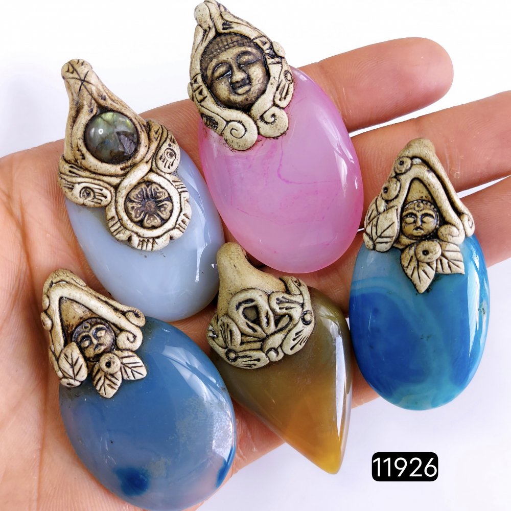 5 Pcs 550 Cts  Natural Mix Onyx Gemstone Polymer Clay Pendant, Handmade polymer clay jewelry Necklaces ,Semi-precious gemstone pendants 2-2.50-Inchmm #R-11926