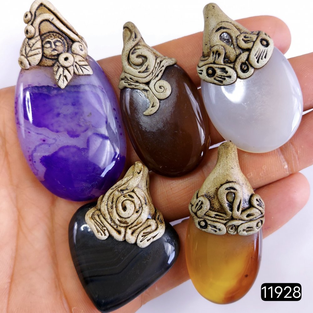 5 Pcs 452 Cts  Natural Mix Onyx Gemstone Polymer Clay Pendant, Handmade polymer clay jewelry Necklaces ,Semi-precious gemstone pendants 2-2.50-Inchmm #R-11928