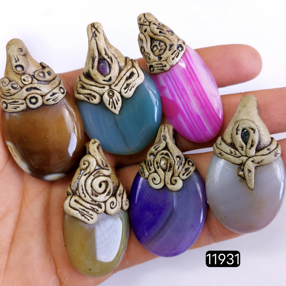 6 Pcs 518 Cts  Natural Mix Onyx Gemstone Polymer Clay Pendant, Handmade polymer clay jewelry Necklaces ,Semi-precious gemstone pendants 2-2.50-Inchmm #R-11931