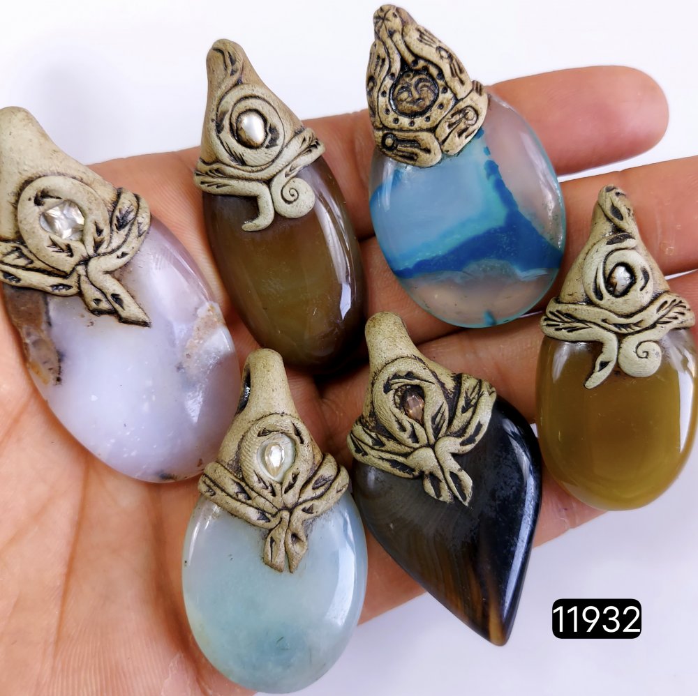 6 Pcs 447 Cts  Natural Mix Onyx Gemstone Polymer Clay Pendant, Handmade polymer clay jewelry Necklaces ,Semi-precious gemstone pendants 2-2.50-Inchmm #R-11932