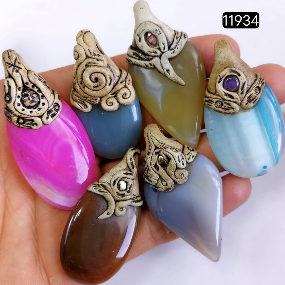 6 Pcs 515 Cts  Natural Mix Onyx Gemstone Polymer Clay Pendant, Handmade polymer clay jewelry Necklaces ,Semi-precious gemstone pendants 2-2.50-Inchmm #R-11934