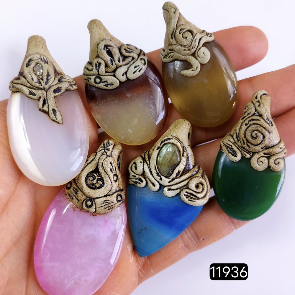 6 Pcs 473 Cts  Natural Mix Onyx Gemstone Polymer Clay Pendant, Handmade polymer clay jewelry Necklaces ,Semi-precious gemstone pendants 2-2.50-Inchmm #R-11936