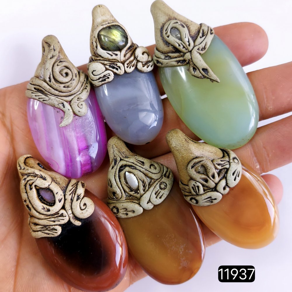 6 Pcs 552 Cts  Natural Mix Onyx Gemstone Polymer Clay Pendant, Handmade polymer clay jewelry Necklaces ,Semi-precious gemstone pendants 2-2.50-Inchmm #R-11937